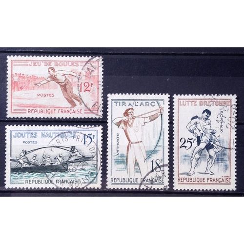 Série Sports De 1958 - Superbes - Boules (N° 1161) + Joutes Nautiques (N° 1162) + Tir Arc (N° 1163) + Lutte Bretonne (N° 1164) Obl - Cote 6,40 - France Année 1958 - N26554