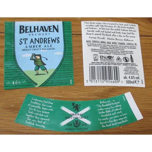 Ensemble Des 3 Étiquettes De Bière St. Andrews Amber Ale - Étiquette Centrale En Forme D'écusson Entouré De Vert Et Au Centre Un Joueur De Golf - Belhaven Brewery - Bière D' Ecosse