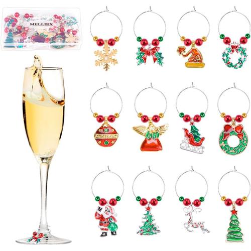 12pcs Noël Verre À Vin Charms Anneau Marqueurs Boivent Des Étiquettes Pour La Décoration De Table De Bar De Fête De Noël