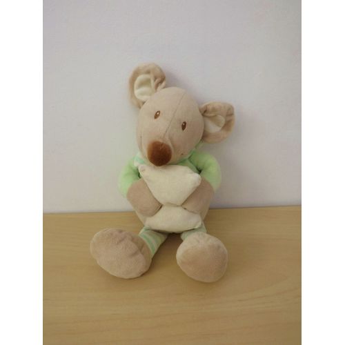 Doudou Souris Beige Verte Rayures Oreiller Pommette