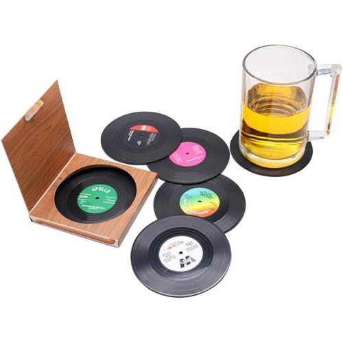 Bois Lot De 6 Sous-Verres, Disque En Vinyle (Lp), Style Rétro, Antidérapants, Pour La Tasse, Le Café Et Les Boissons