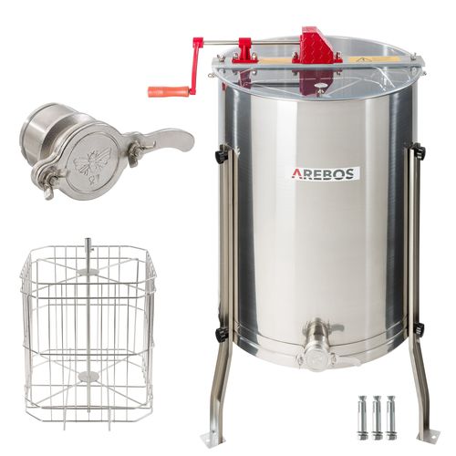 Arebos Extracteur De Miel Manuel 4 Cadres Acier Inoxydable Apiculteur Robinet Premium