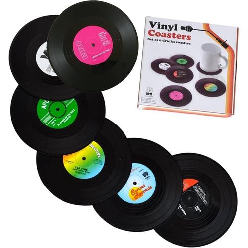 Noir Lot De 6 Sous-Verres Rigides En Forme De Disque Vinyle Rétro - Pour Servir Cafés Et Thés Dans Une Maison Ou Un Bar - Isole Et Protège Les Meubles