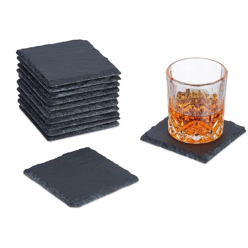 Dessous De Verre, Lot De 12, Sous-Verres Carrés, 10x10 Cm, Pour Boissons, Raclette, En Ardoise, Anthracite