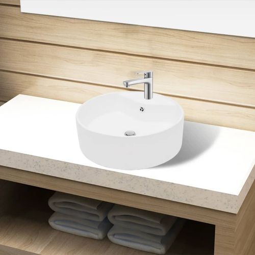 Lavabo à trou de trop-plein/robinet céramique Blanc Rond