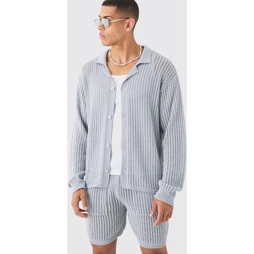 Relaxed Crochet Open Knit Long Sleeve Shirt In Grey Homme - Gris - L, Gris