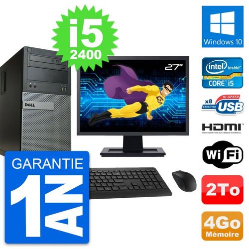 PC Tour Dell 390 MT Ecran 27" i5-2400 RAM 4Go Disque 2To HDMI Windows 10 Wifi