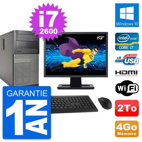 PC Tour Dell 390 MT Ecran 19" i7-2600 RAM 4Go Disque 2To HDMI Windows 10 Wifi