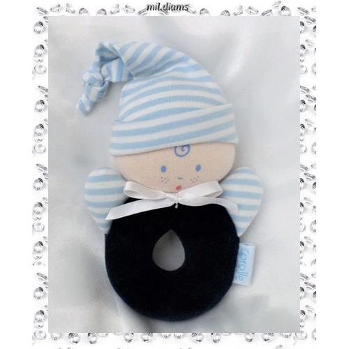 Doudou Peluche Anneau Poupée Lutin Hochet Bleu Marine Bonnet Rayures Bleu Blanc 2001 Corolle