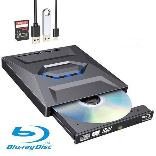 Alxum Lecteur CD DVD RW Externe pour PC, USB 3.0 Type C avec Lecteur de Carte SD/TF et Ports USB, Graveur Portable pour Bureau, MacBook, Windows, Linux, Mac OS, Vista