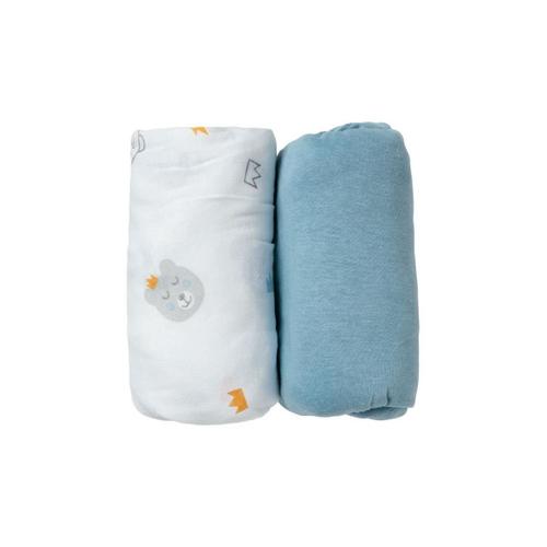 Lot De 2 Draps Housse 60 X 120cm All Over Ours / Uni Bleu - Babycalin