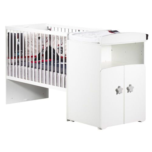 Lit Bébé Combiné Évolutif 60x120 En 90x190 Boutons Étoile Gris