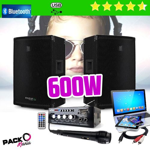 Pack sono 600W total + Ampli PLS1250 + 2 Enceintes 300W PA DJ SONO MIX LED LIGHT MICRO soirée Familiale Bar Club Maison