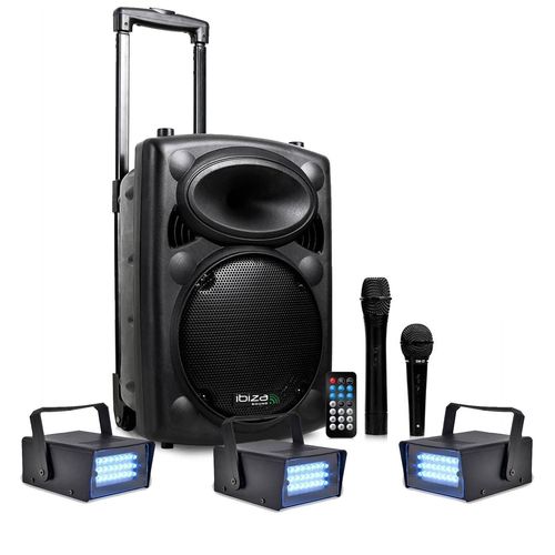 PACK LED IBIZA PORT10VHF-BT Karaoké mobile 500W USB/MP3 +3 Mini strobes Lytor