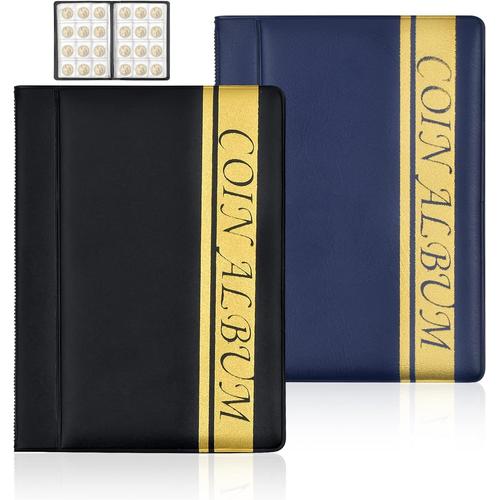 2pcs Album De Pièces De Monnaie De 120 Poches × 2, Classeur Pieces De Monnaie, Rangements Pour Pièces De Monnaie, Album De Collection De Pièces De Livre - Bleu Foncé + Noir