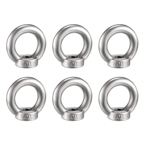 6 Pièces M12 Écrou à Oeil de Levage Acier Inoxydable Écrou de Bague Métriques Matériel en Forme Anneau Femelle Fixation Écrou Fileté pour Accessoires de Levage, Polissage de Surface, Argent