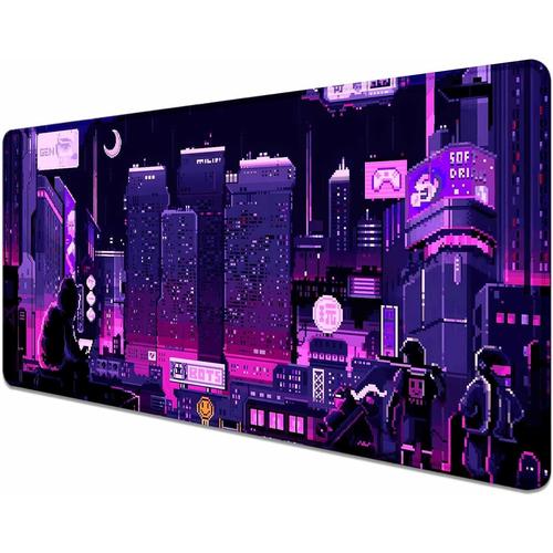 Vaporwave ¿ Grand tapis de souris rétro pour bureau, motif pixel de rue Neon Tokyo Street, violet, dessin animé japonais XXL, tapis de bureau Skyline City, 90 x 40 cm