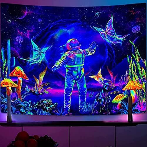Blacklight Tapestry Tapisserie murale à suspendre Motif astronaute UV Galaxy Motif papillon et hippie esthétique (102 x 127 cm, noir)