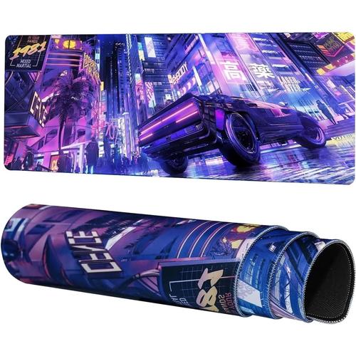 Tapis de Souris XL 1200x600x3mm Grand Tapis de Souris Gaming Tapis de Bureau Tapis de Souris étendu Base en Caoutchouc Anti-Glissant pour Joueur Bureau Maison - Violet City Néon