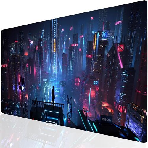 Grand Tapis de Souris Gaming City Night Neon Mouse Pad XXL 900x400x2mm Tapis de Bureau avec Bords Cousus Base en Caoutchouc antidérapante pour Gamer PC Ordinateur