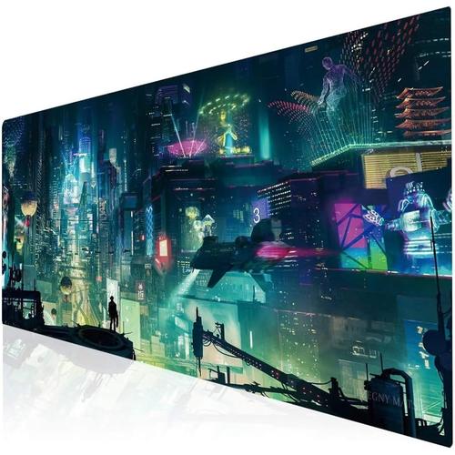 Grand Tapis de Souris Gaming City Neon Nightscape Mouse Pad XXL 900x400x2mm Tapis de Bureau avec Bords Cousus Base en Caoutchouc antidérapante pour Gamer PC Ordinateur