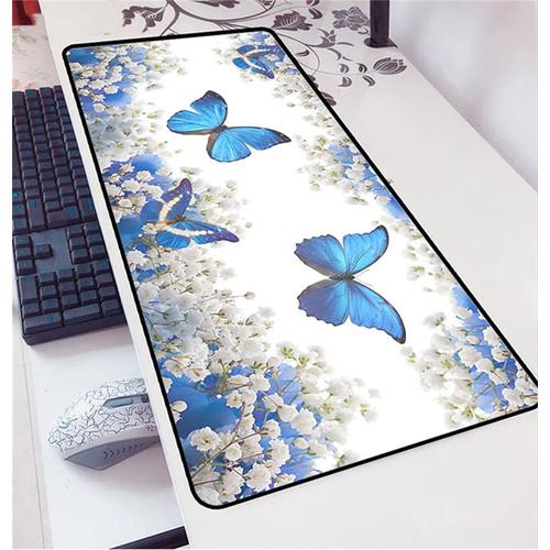 Tapis de Souris Gaming XXL 900x400x5mm,Surface Spéciale Améliore la Vitesse et la précision,Base en Caoutchouc Antidérapant,Sous-Main Bureau pour Tous Types de Souris et Clavier Fleur de papillon bleu