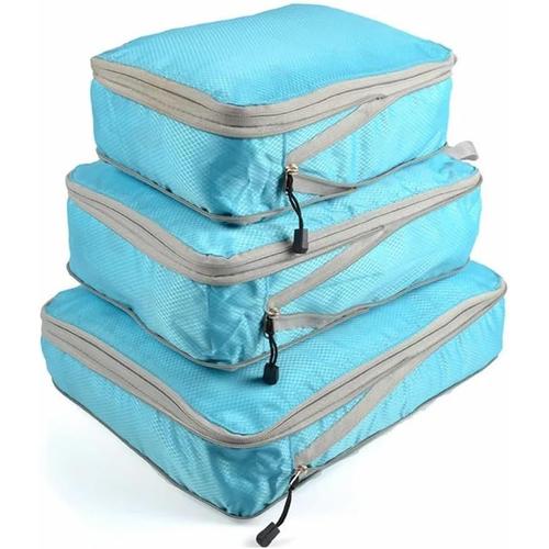 Lot de 3 sacs de rangement compressibles - Sac de rangement portable avec organiseur de bagages - Pliable et étanche - Pour les voyages - Bleu clair