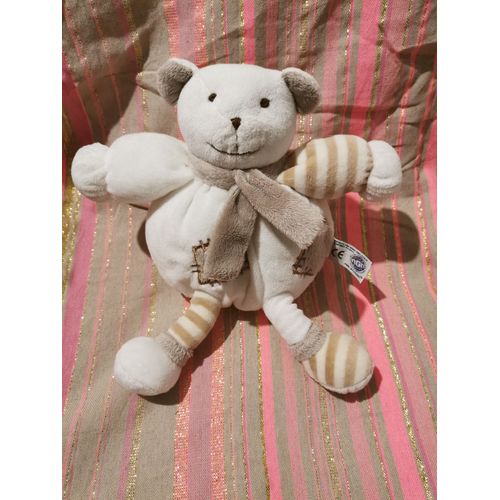 Doudou Boule Ours Rapiecement Jambes Grelot Billes Echarpe Rayures Blanc Beige Gris Mgm