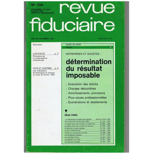 Revue Fiduciaire 704 .Détermination Du Résultat Imposable
