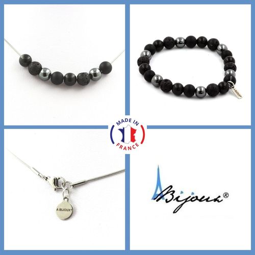 Parure Bijoux Bracelet Collier Perles Hématite + Lave + Onyx Noir Mat Taille Personnalisable.