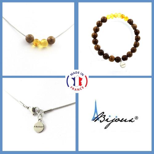 Parure Bijoux Bracelet Collier 4 Perles Bois 8 Mm + Ambre Véritable De Taille Personnalisable.