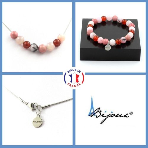 Parure Bijoux Bracelet Collier Perles Opale Rose + Rhodonite + Agate Taille Personnalisable.