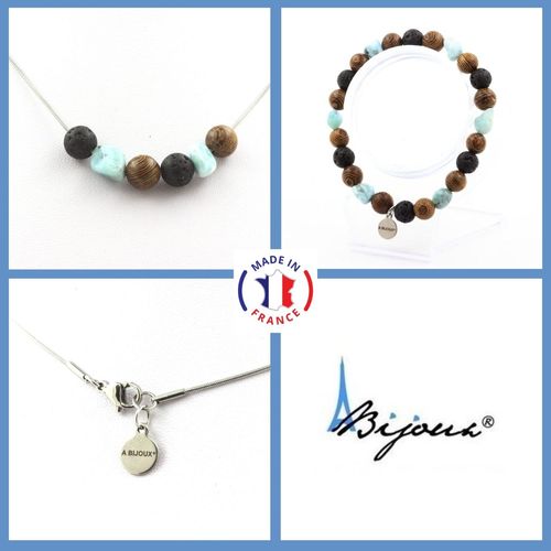 Parure Bijoux Bracelet Collier Perles Bois + Lave + Larimar De Taille Personnalisable.