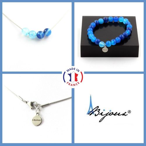 Parure Bijoux Bracelet Collier 4 Perles Agate Rubanée Bleu 8 Mm. Taille Personnalisable.