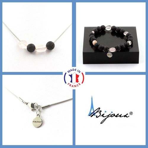 Parure Bijoux Bracelet Collier 4 Perles Lave 8 Mm + Quartz Rose Du Taille Personnalisable.