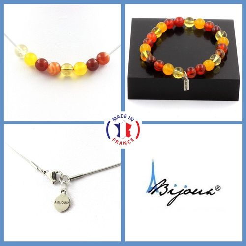 Parure Bijoux Bracelet Collier Perles Agate Rubanée + Agate Jaune + Taille Personnalisable.