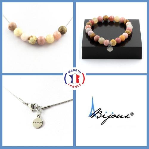 Parure Bijoux Bracelet Collier Perles Pierre De Soleil + Rhodonite + Taille Personnalisable.