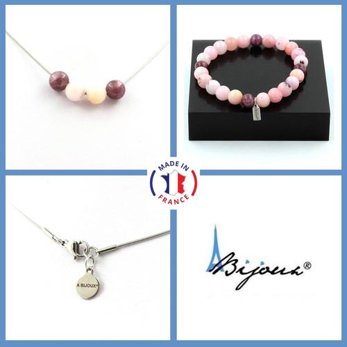 Parure Bijoux Bracelet Collier Perles Lépidolite + Opale Rose 8 Mm. Taille Personnalisable.