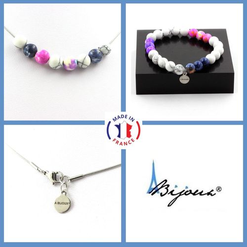 Parure Bijoux Bracelet Collier Perles Jaspe Bleu + Jaspe Rose Jaune + Taille Personnalisable.