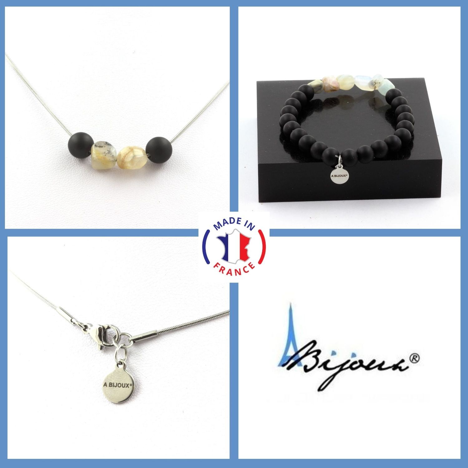 Parure Bijoux Bracelet Collier Perles Onyx Noir Mat + Opale Taille Personnalisable.