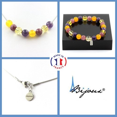 Parure Bijoux Bracelet Collier Perles Agate Jaune + Lépidolite + Taille Personnalisable.