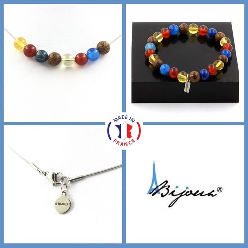Parure Bijoux Bracelet Collier Perles Bois + Agate Rouge + Agate Taille Personnalisable.