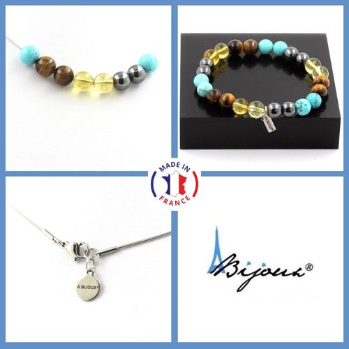 Parure Bijoux Bracelet Collier Perles Hématite + Citrine + Oeil De Taille Personnalisable.