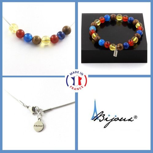 Parure Bijoux Bracelet Collier Perles Agate Rouge + Agate Rubanée Bleu Taille Personnalisable.