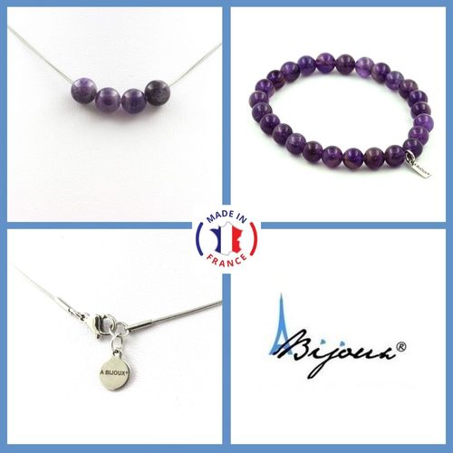 Parure Bijoux Bracelet Collier 4 Perles Améthyste 8 Mm. Chaine En Taille Personnalisable.