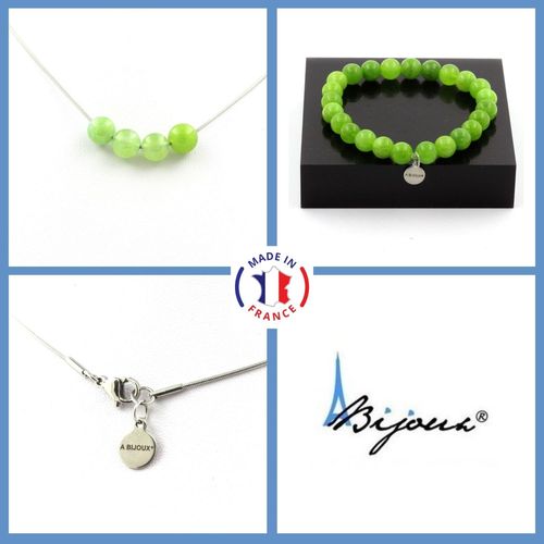 Parure Bijoux Bracelet Collier 4 Perles Péridot 8 Mm. Chaine En Acier Taille Personnalisable.