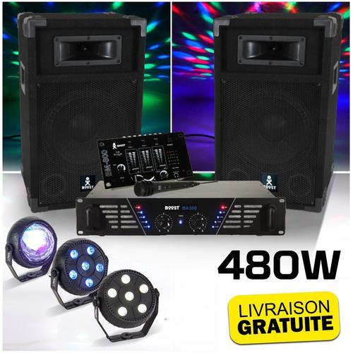 BOOST DJ-300 Pack sonorisation avec Enceintes Table de mixage Amplificateur 480W + Pack de 3 jeux lumière à led PARTY-TRIFX