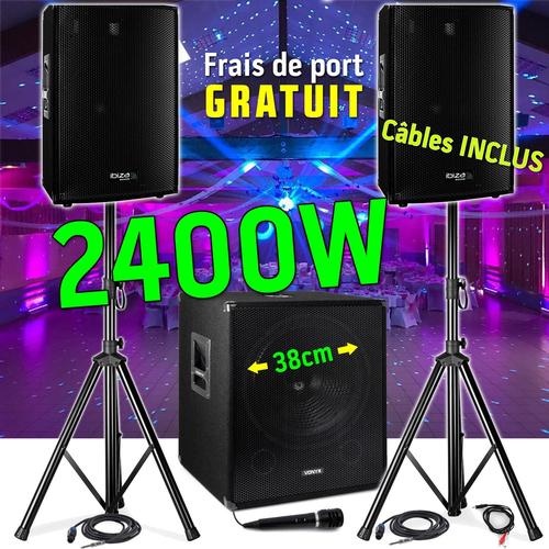 PACK SONO 1815 2400W ENCEINTES DISCO15B + PIEDS + Subwoofer bi-amplifiée 18" 1000W + Micro et Câbles