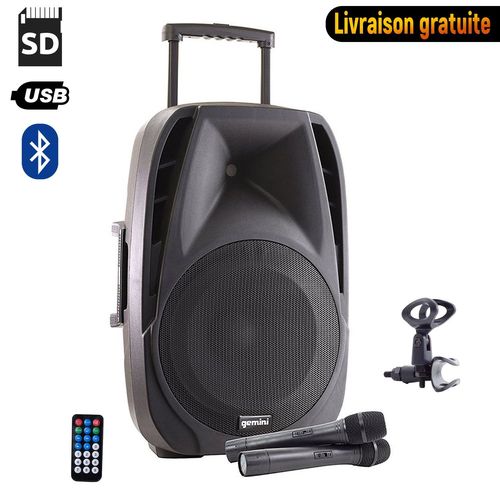 Enceinte active autonome GEMINI ES15-TOGO 15" - 800W - USB/SD/BT + 2 micros sans fil + tel