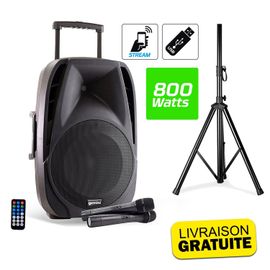 Enceinte active autonome GEMINI ES15-TOGO 15" - 800W - USB/SD/BT + 2 micros sans fil + tel + PIED